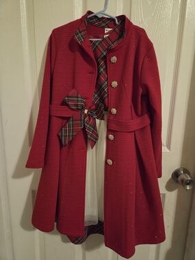 Red Sparkle Coat Dress with Tartan Bow